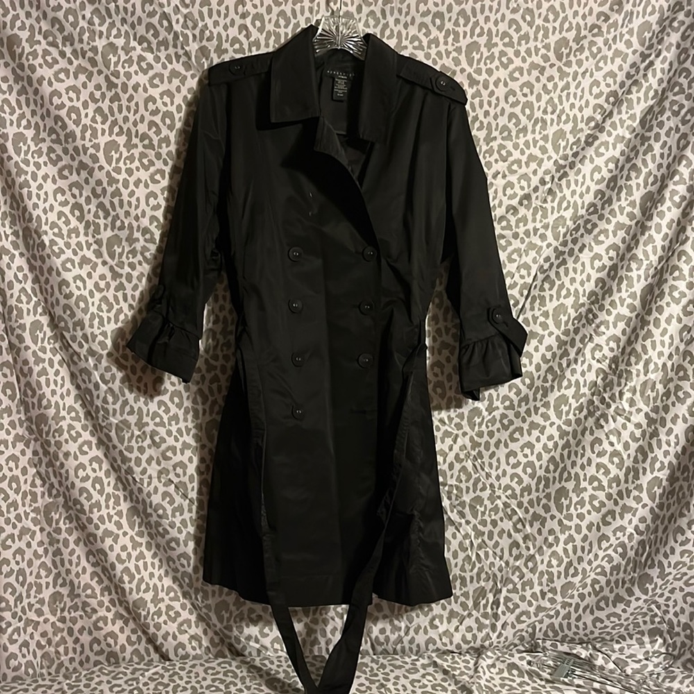 Plus size Apostrophe Women’s black trench coat with side pockets and belt